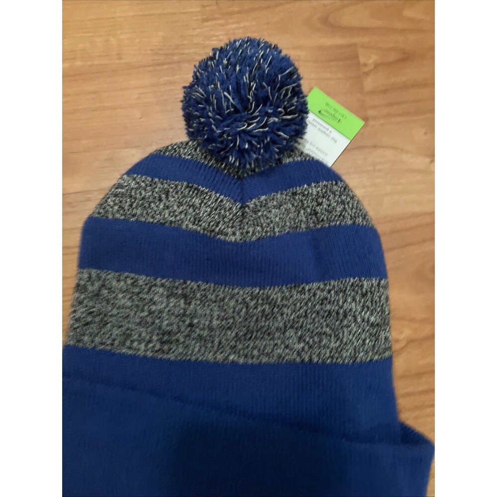 Lowes Knit Beanie Toboggan Winter Hat Cap Adult Blue Striped Gray - Picture 11 of 12